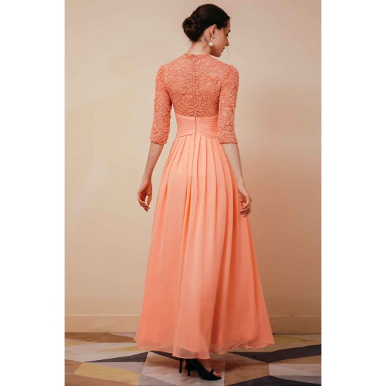 Elegant Violet 3/4 sleeves High waist Beaded Lace Chiffon Evening Dress