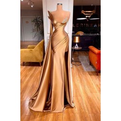 One Shoulder Long Sleeves Mermaid Prom Dress Split With Beads