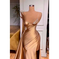 One Shoulder Long Sleeves Mermaid Prom Dress Split With Beads