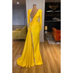 Bright Yellow V-neck Metallic Sequin Long sleeves Prom Dress