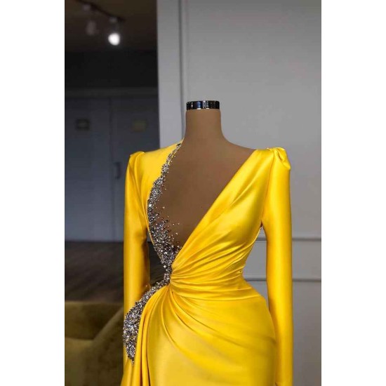 Bright Yellow V-neck Metallic Sequin Long sleeves Prom Dress