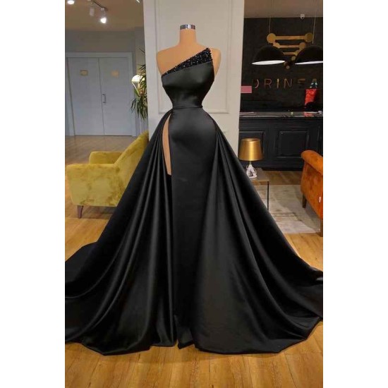 Sexy Black Beadings Prom Dress Long With Split On Sale