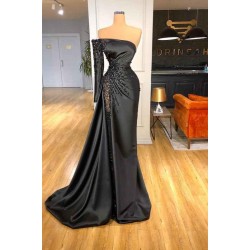 Glamorous Black Long Sleeve One Shoulder Prom Dress Beadings Evening Gowns