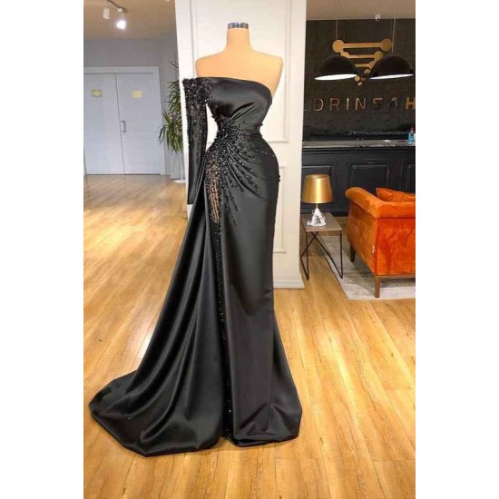 Glamorous Black Long Sleeve One Shoulder Prom Dress Beadings Evening Gowns