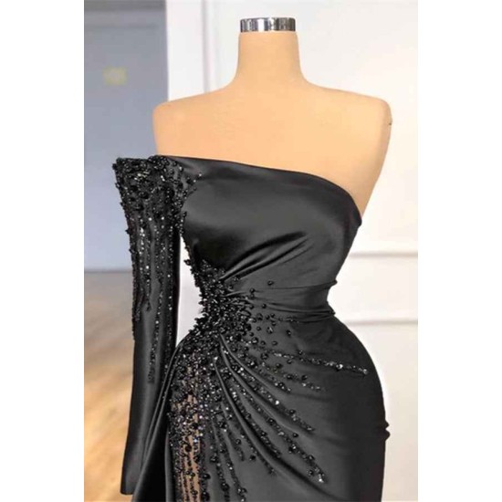 Glamorous Black Long Sleeve One Shoulder Prom Dress Beadings Evening Gowns
