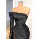 Glamorous Black Long Sleeve One Shoulder Prom Dress Beadings Evening Gowns