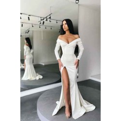 Glamorous White Long Sleeves Mermaid Evening Dress Off-the-shoulder Split Prom Gown