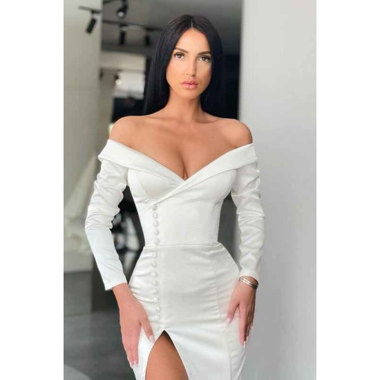 Glamorous White Long Sleeves Mermaid Evening Dress Off-the-shoulder Split Prom Gown