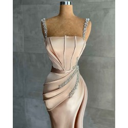Straps Beadings Long Mermaid Prom Dress Split Evening Gowns