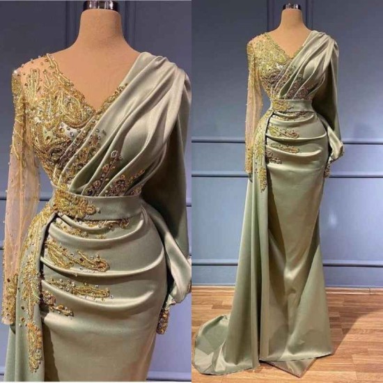 Classic Long Sleeves V-Neck Mermaid Evening Gowns Long Prom Dress With Appliques