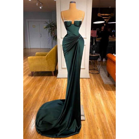 Gorgeous Dark Green Spaghetti-Straps Mermaid Prom Dress With Beadings