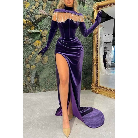 Regency Long Sleeves High Neck Prom Dress Mermaid Long With Slit