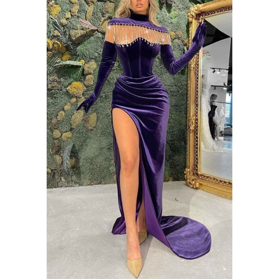 Regency Long Sleeves High Neck Prom Dress Mermaid Long With Slit