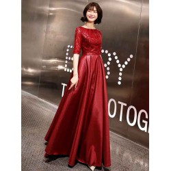 Stunning Evening Dresses Burgundy Half Sleeve Sequin Satin Floor Length Long Prom Gown