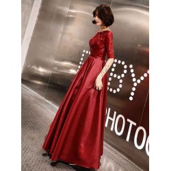 Stunning Evening Dresses Burgundy Half Sleeve Sequin Satin Floor Length Long Prom Gown