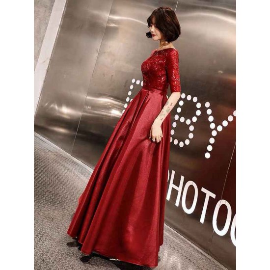 Stunning Evening Dresses Burgundy Half Sleeve Sequin Satin Floor Length Long Prom Gown