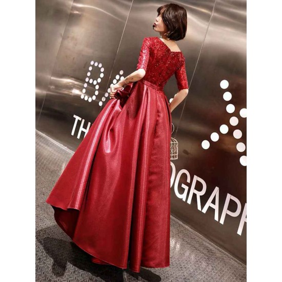 Stunning Evening Dresses Burgundy Half Sleeve Sequin Satin Floor Length Long Prom Gown