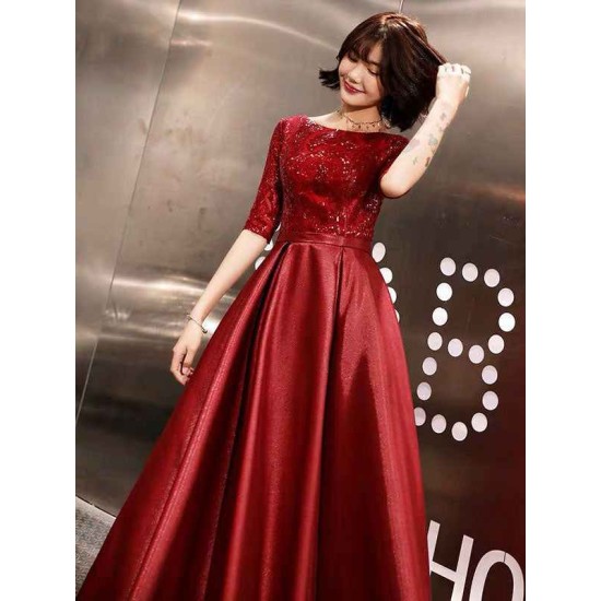 Stunning Evening Dresses Burgundy Half Sleeve Sequin Satin Floor Length Long Prom Gown