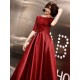 Stunning Evening Dresses Burgundy Half Sleeve Sequin Satin Floor Length Long Prom Gown