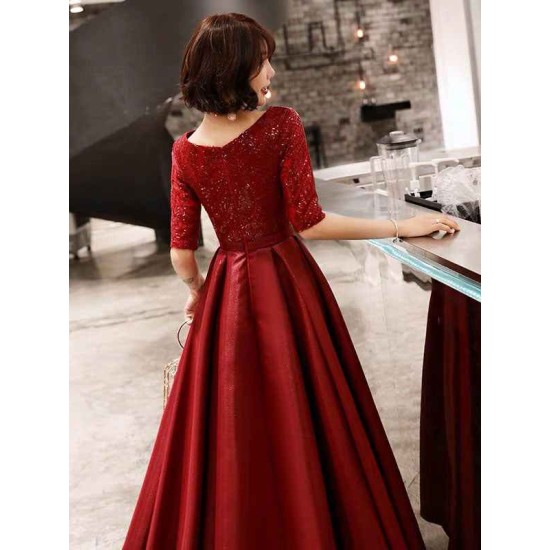 Stunning Evening Dresses Burgundy Half Sleeve Sequin Satin Floor Length Long Prom Gown