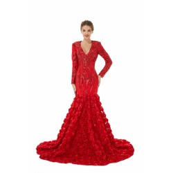 Sexy Sparkle Red Long sleeves V-neck Flowers Prom Dress | Ballbella Real Shooting