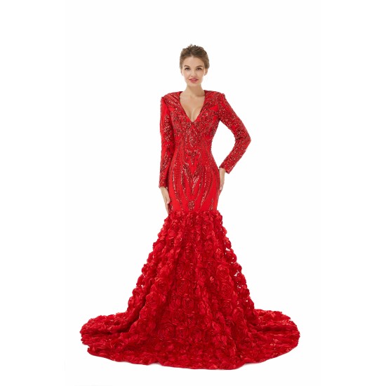Sexy Sparkle Red Long sleeves V-neck Flowers Prom Dress | Ballbella Real Shooting