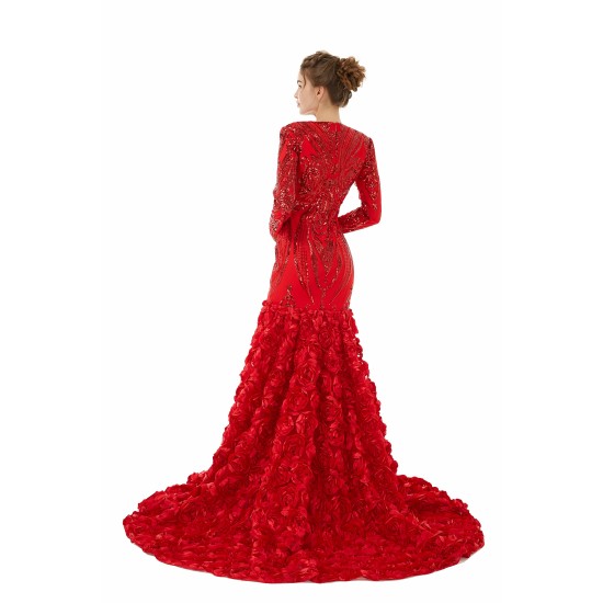 Sexy Sparkle Red Long sleeves V-neck Flowers Prom Dress | Ballbella Real Shooting