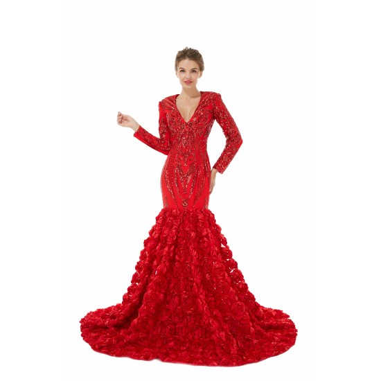 Sexy Sparkle Red Long sleeves V-neck Flowers Prom Dress | Ballbella Real Shooting