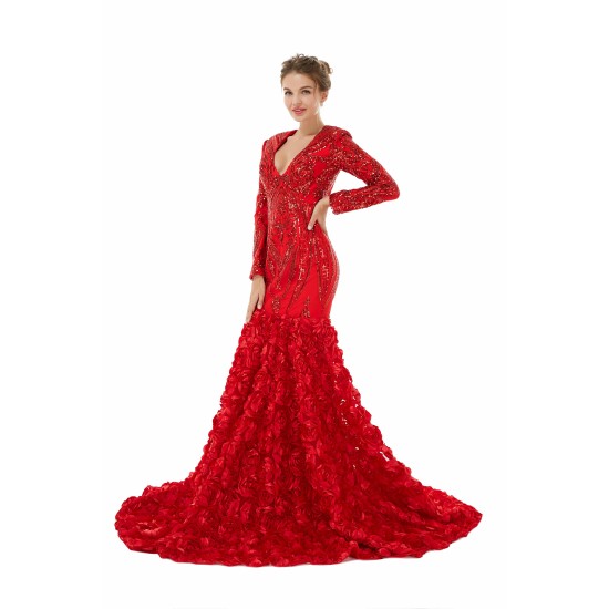 Sexy Sparkle Red Long sleeves V-neck Flowers Prom Dress | Ballbella Real Shooting