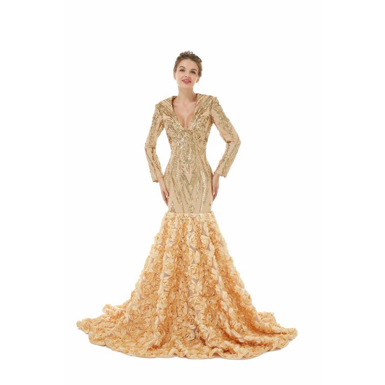 Sexy Sparkle Red Long sleeves V-neck Flowers Prom Dress | Ballbella Real Shooting