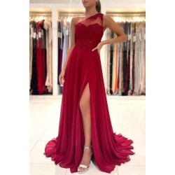 One Shoulder Red Prom Dress Floor Length Sleeveless Maxi Dress with Front Slit