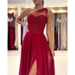 One Shoulder Red Prom Dress Floor Length Sleeveless Maxi Dress with Front Slit