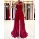 One Shoulder Red Prom Dress Floor Length Sleeveless Maxi Dress with Front Slit