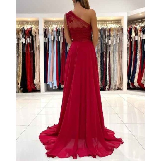 One Shoulder Red Prom Dress Floor Length Sleeveless Maxi Dress with Front Slit