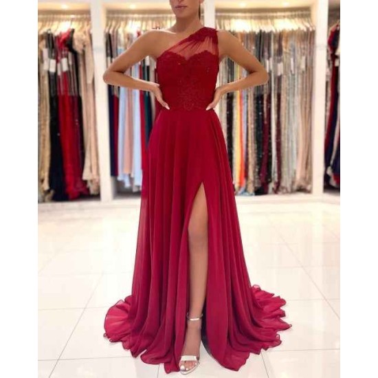 One Shoulder Red Prom Dress Floor Length Sleeveless Maxi Dress with Front Slit