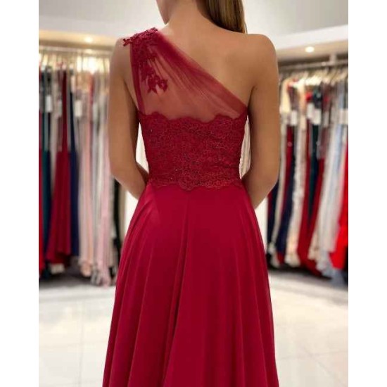 One Shoulder Red Prom Dress Floor Length Sleeveless Maxi Dress with Front Slit