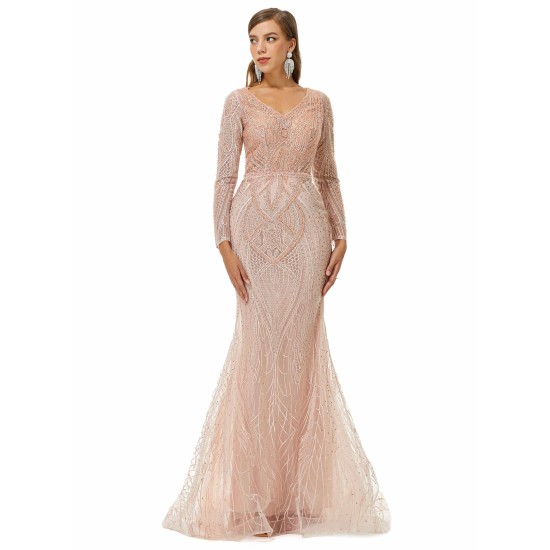 Ballbella Design | Sparkle Beaded Mermaid V-neck Long sleeves Prom Dresses