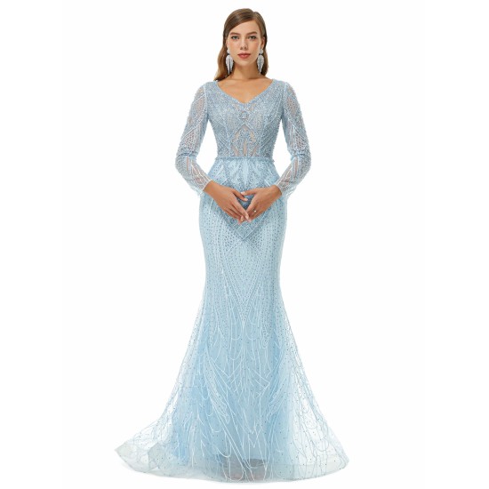 Ballbella Design | Sparkle Beaded Mermaid V-neck Long sleeves Prom Dresses