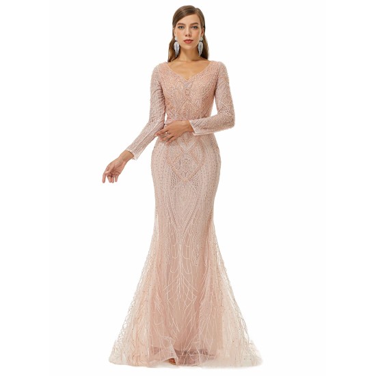 Ballbella Design | Sparkle Beaded Mermaid V-neck Long sleeves Prom Dresses