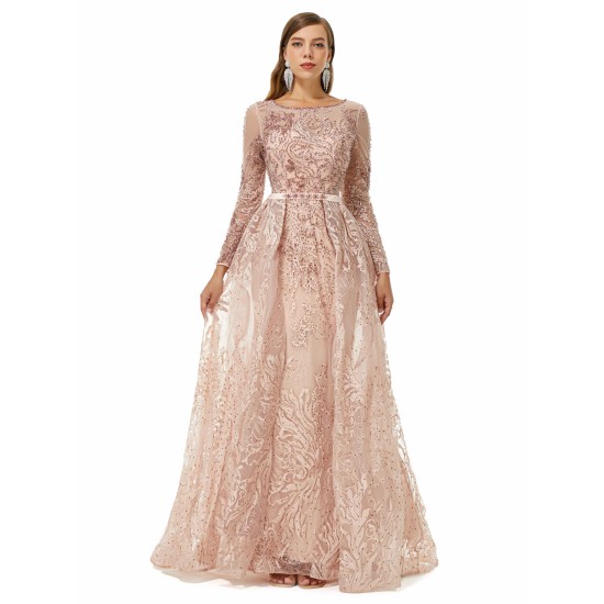 Ballbella Design | Sparkle Beaded Mermaid Long sleeves Prom Dresses with Overskirt