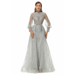 Ballbella Design | Sparkle Gray Beaded Mermaid Long sleeves Prom Dresses with Overskirt