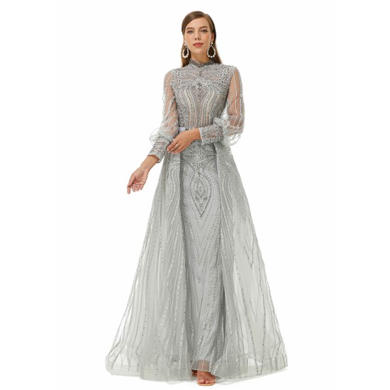 Ballbella Design | Sparkle Gray Beaded Mermaid Long sleeves Prom Dresses with Overskirt