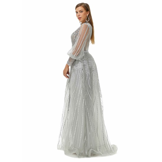 Ballbella Design | Sparkle Gray Beaded Mermaid Long sleeves Prom Dresses with Overskirt