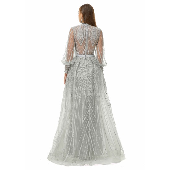 Ballbella Design | Sparkle Gray Beaded Mermaid Long sleeves Prom Dresses with Overskirt