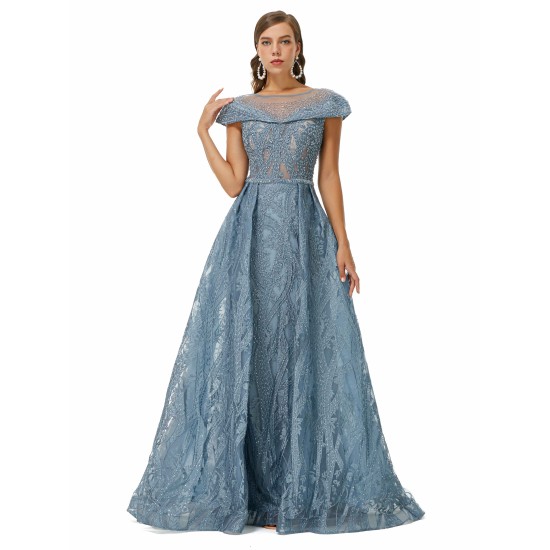 Ballbella Design | Sparkle Beaded Cap Sleeves Prom Dresses with Overskirt
