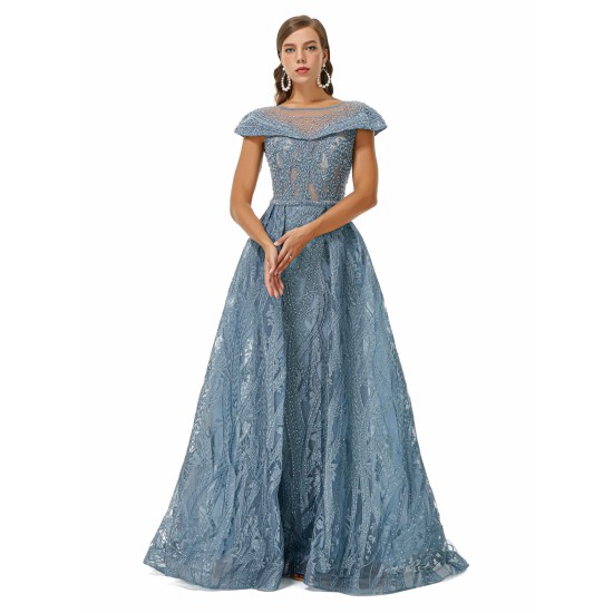 Ballbella Design | Sparkle Beaded Cap Sleeves Prom Dresses with Overskirt