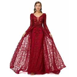 Ballbella Design | Sparkle Beaded Wine Red Long Sleeves Prom Dresses