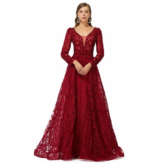 Ballbella Design | Sparkle Beaded Wine Red Long Sleeves Prom Dresses