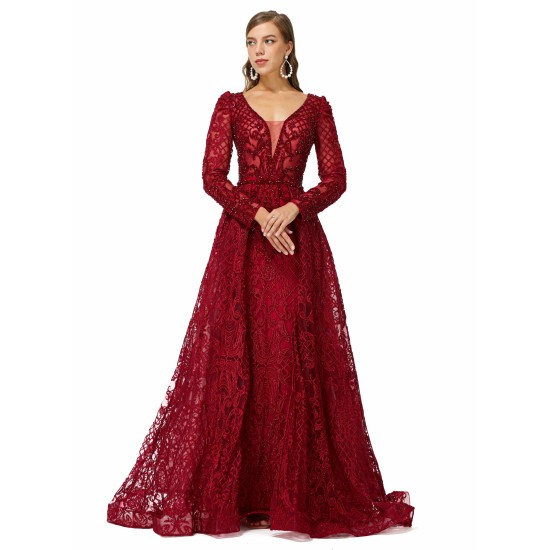 Ballbella Design | Sparkle Beaded Wine Red Long Sleeves Prom Dresses