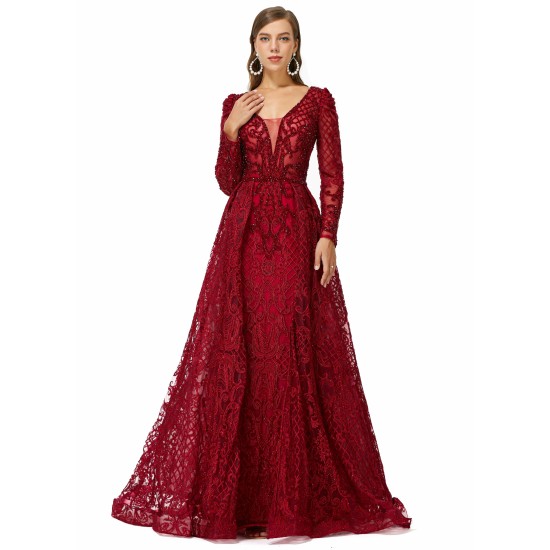 Ballbella Design | Sparkle Beaded Wine Red Long Sleeves Prom Dresses